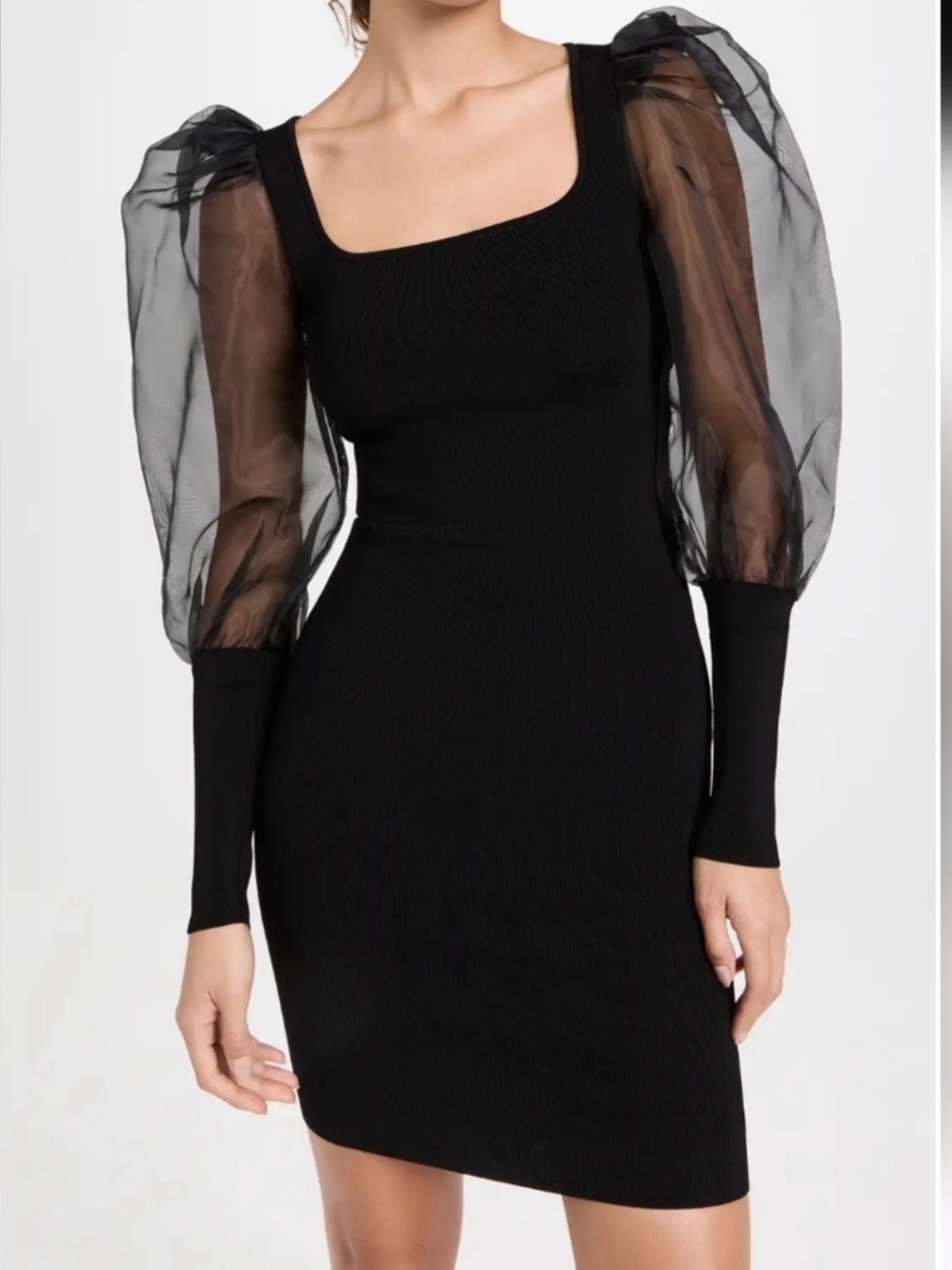 Alice + Olivia Black Sheer Puff-Sleeve Knit Mini Dress